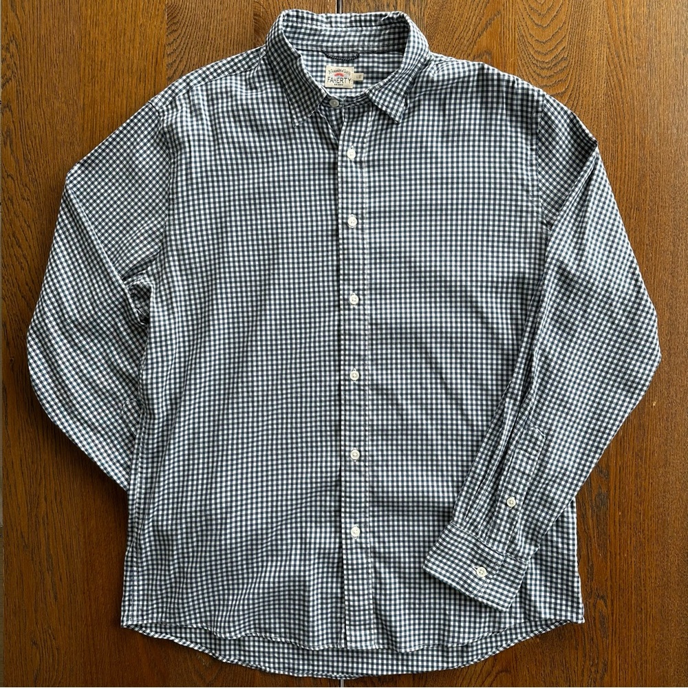 Faherty Navy Blue White Gingham Cotton Blend Button-Down Shirt Casual Work - Picture 2 of 10